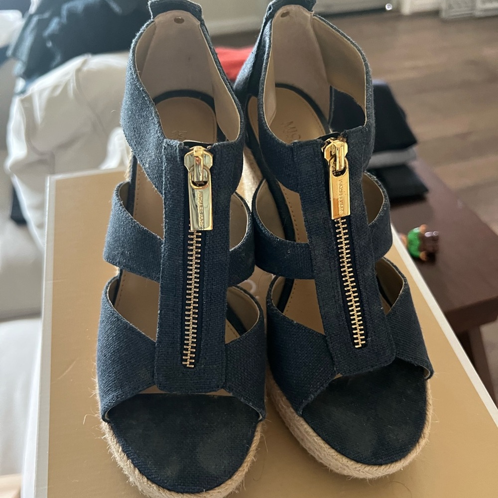 Navy Blue Wedge Sandals with Gold Zippers